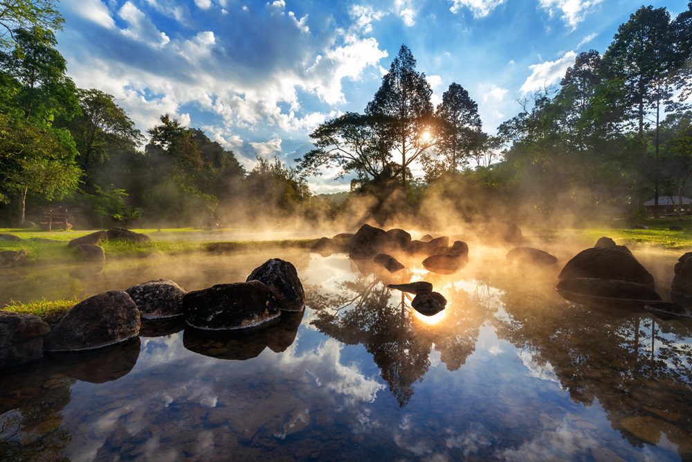 Chae Son Hot Spring National Park at sunrise in Lampang province